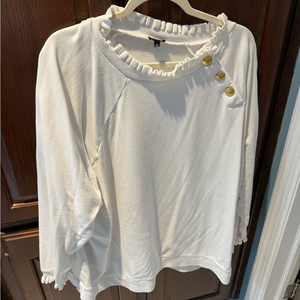 Talbots White Ruffled Sweatshirt with Gold Buttons 3x